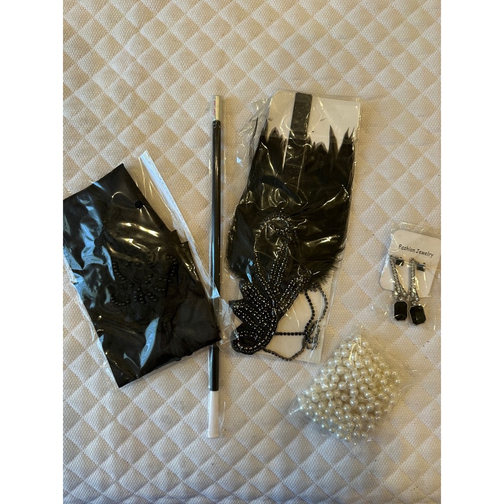 5pc 1920s Flapper Accessory Set Great Gatsby Headband Pearl Necklace Gloves